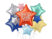 Set 5 baloane folie stele Happy Birthday, cu stea roșie mare și stele colorate pentru petrecere aniversară.