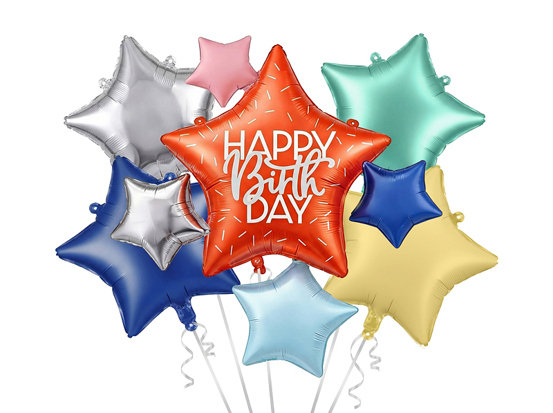 Set 5 baloane folie stele Happy Birthday, cu stea roșie mare și stele colorate pentru petrecere aniversară.