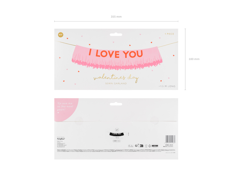 Banner „I Love You”, 150x30cm, roz/roșu Valentine's Day
