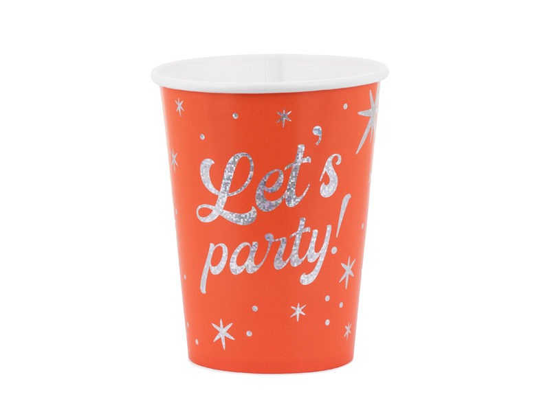 Pahar din carton portocaliu Let's Party, cu mesaj argintiu holografic și steluțe decorative, capacitate 250 ml, pe fundal alb.
