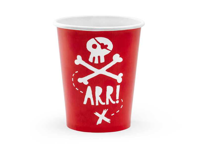 Pahar din carton roșu pentru petrecere cu tematică de pirați, decorat cu craniu alb, oase încrucișate și mesaj ARR!, 220 ml.