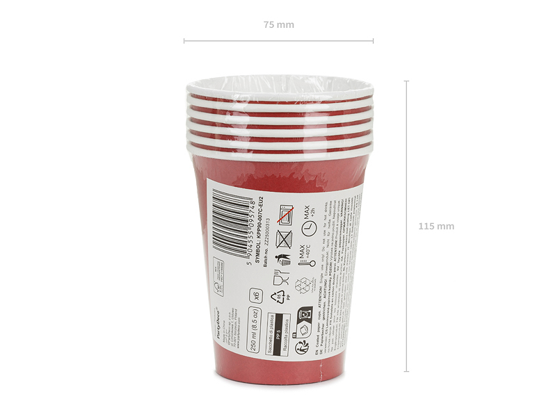 Pahare hârtie, Roșu închis, 250 ml (6 buc)