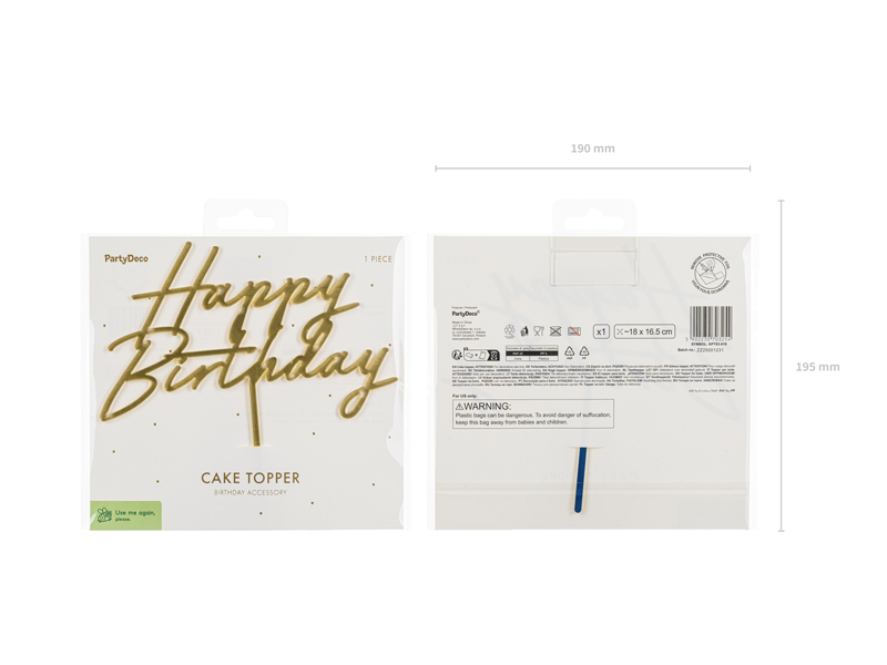 Topper tort „Happy Birthday”, acril auriu, 18 x 16,5 cm