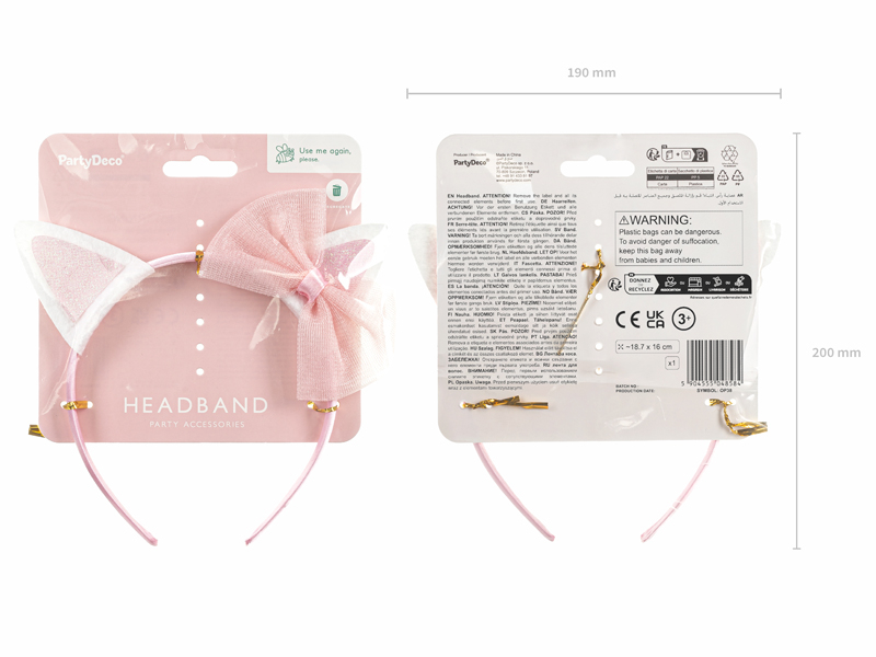 Bentiță urechi pisică cu fundiță roz 18.5 x 17 cm