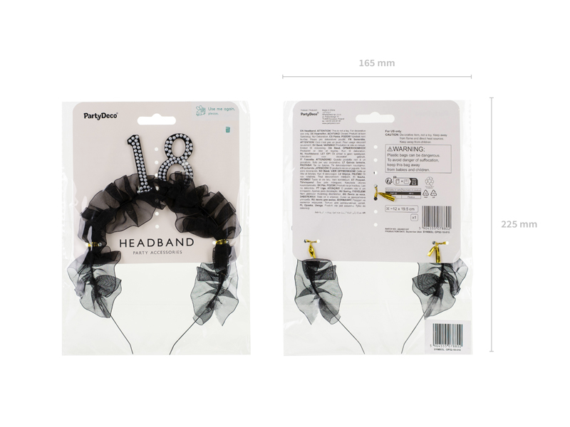 Bentiță Majorat „18” cu volănașe și perle, Negru