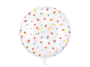 Balon Bubble transparent cu imprimeu de buline multicolore, diametru 60 cm, potrivit pentru umflare cu aer sau heliu.