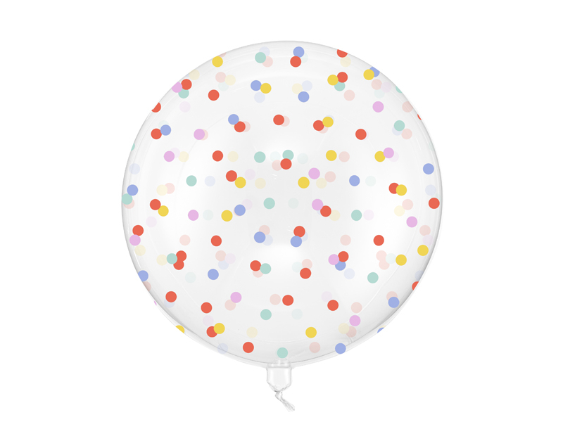 Balon Bubble transparent cu imprimeu de buline multicolore, diametru 60 cm, potrivit pentru umflare cu aer sau heliu.