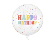 Balon Bubble transparent Happy Birthday, 60 cm, cu mesaj multicolor și buline colorate, ideal pentru aniversări și petreceri pentru copii.