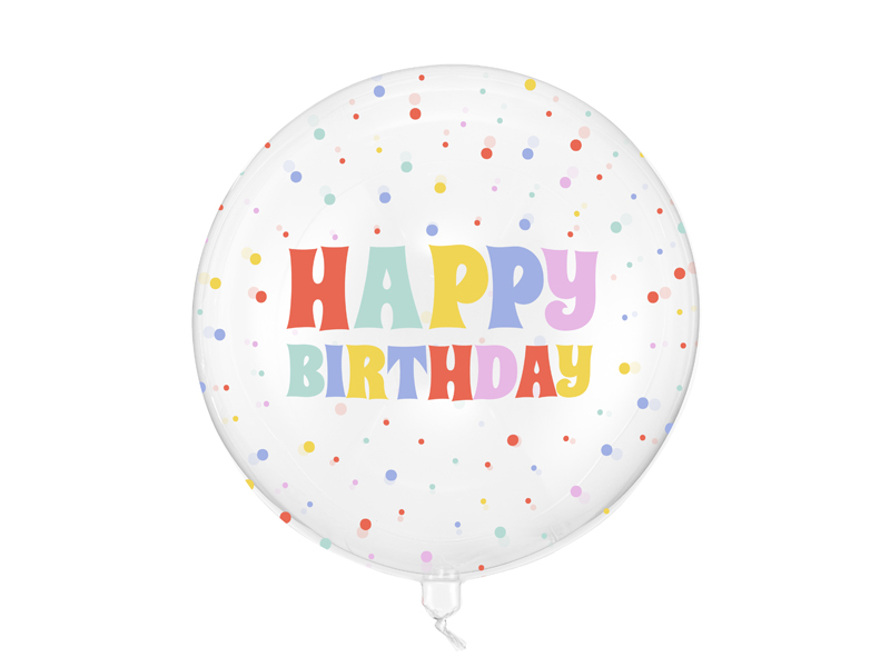 Balon Bubble transparent Happy Birthday, 60 cm, cu mesaj multicolor și buline colorate, ideal pentru aniversări și petreceri pentru copii.