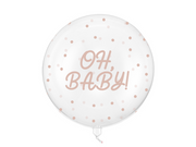 Balon Bubble transparent Oh Baby, 60 cm, cu mesaj decorativ și buline bej, potrivit pentru decoruri Baby Shower și umflare cu aer sau heliu.