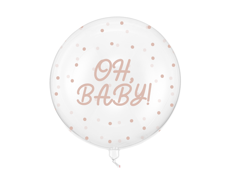 Balon Bubble transparent Oh Baby, 60 cm, cu mesaj decorativ și buline bej, potrivit pentru decoruri Baby Shower și umflare cu aer sau heliu.