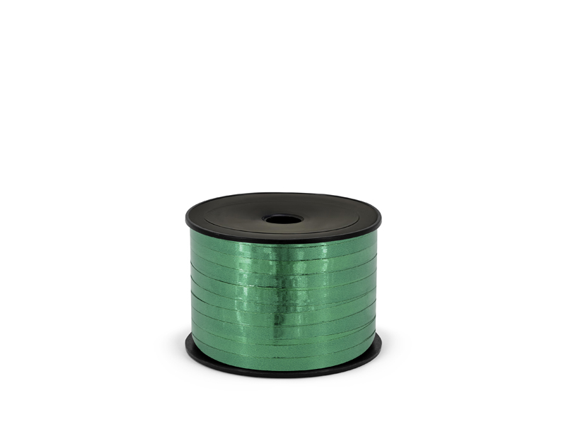 Rolă de panglică metalizată verde pentru baloane, cu lățimea de 5 mm și lungimea de 25 m, pe suport negru.
