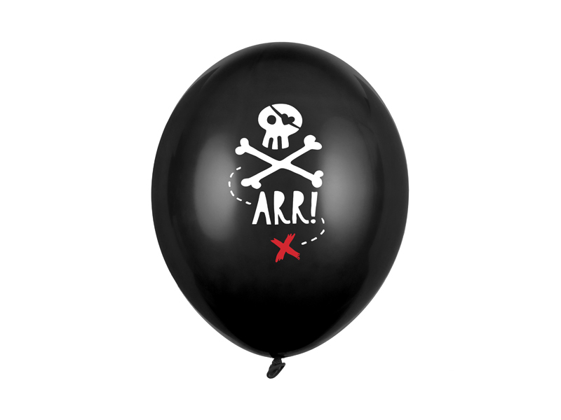 Balon latex negru de 30 cm, cu imprimeu de pirat alb, craniu, oase încrucișate și mesaj ARR!, din setul de 6 baloane Pirates Party