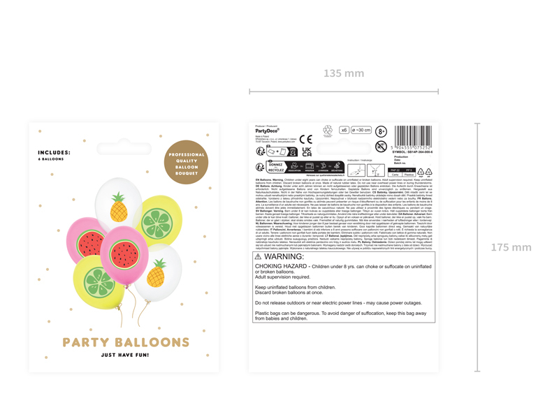 Baloane latex Fructe (6 buc) 30cm, roz/galben/transparent