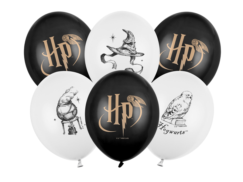 Set 6 baloane latex Harry Potter albe și negre 30 cm cu imprimeu