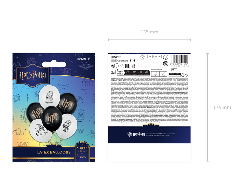 Set 6 baloane latex Harry Potter albe și negre 30 cm cu imprimeu