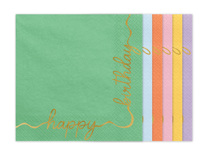 Servetele cu Inscriptia auriu „Happy Birthday” pastel- 12 buc PartyDeco