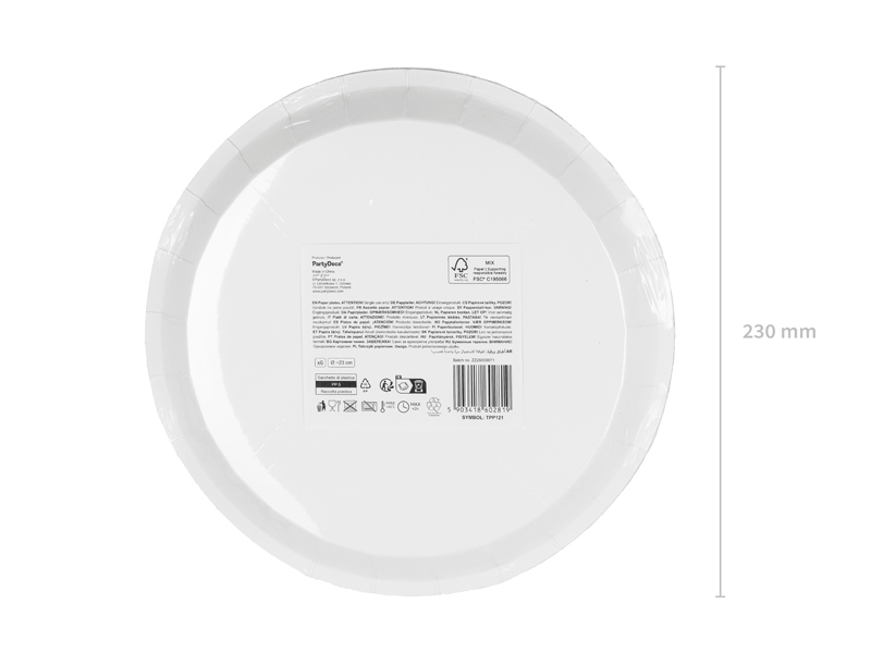 Farfurie rotundă din carton, 23 cm, cu imprimeu de toamnă cu dovleci portocalii și albi, ghinde și frunze pe fundal galben.