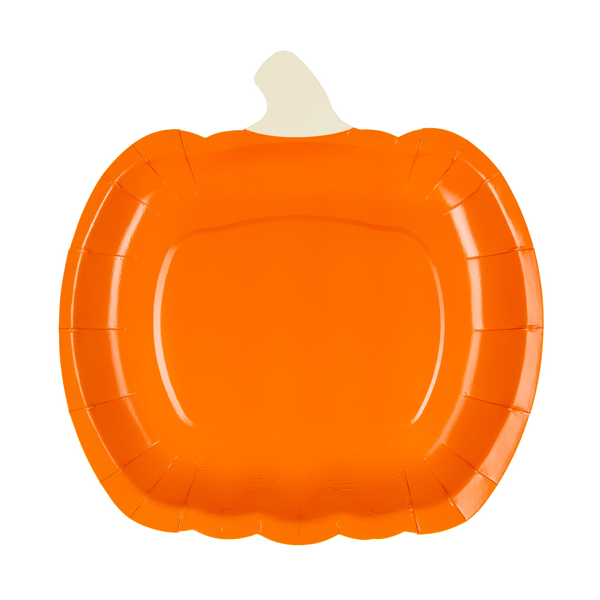 Farfurie din carton portocaliu în formă de dovleac, cu codiță crem, dimensiuni 23,5 × 24 cm, pentru petreceri Halloween.