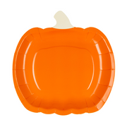 Farfurie din carton portocaliu în formă de dovleac, cu codiță crem, dimensiuni 23,5 × 24 cm, pentru petreceri Halloween.