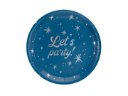 Farfurie rotundă din carton albastru închis, cu mesajul argintiu holografic Let's Party și steluțe decorative, diametru 23 cm, pe fundal alb.