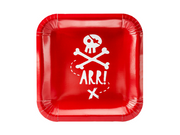 Farfurie pătrată din carton roșu, cu craniu de pirat alb, oase încrucișate și mesaj ARR!, din setul de 6 farfurii Pirates Party, 20 x 20 cm.