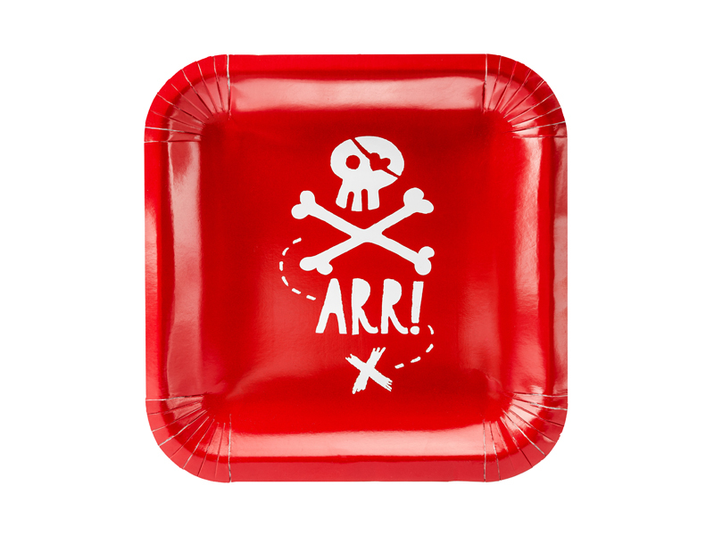 Farfurie pătrată din carton roșu, cu craniu de pirat alb, oase încrucișate și mesaj ARR!, din setul de 6 farfurii Pirates Party, 20 x 20 cm.