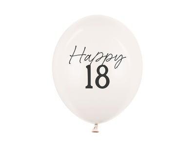 Baloane din latex (50 buc) „Happy 18” si fundite, 30cm, alb pastel/negru
