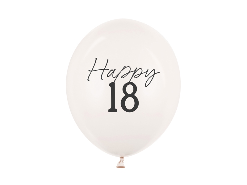 Baloane din latex (50 buc) „Happy 18” si fundite, 30cm, alb pastel/negru