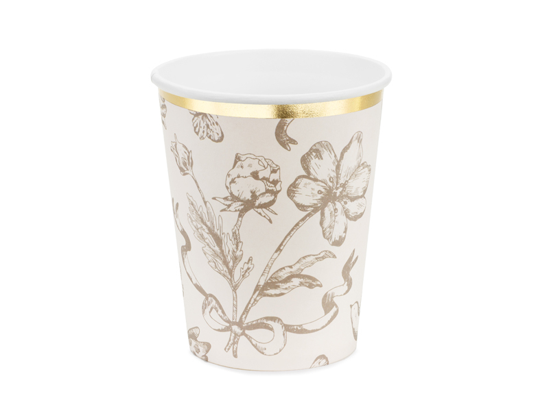 Pahare din hartie (6 buc) bej cu flori maro inchis si imprimeu auriu, 220 ml