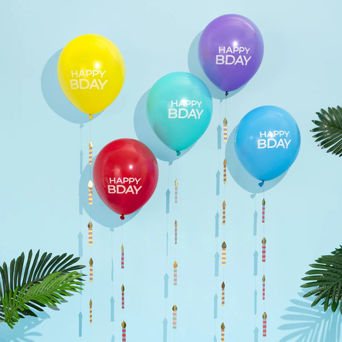 Baloane latex „Happy Bday” (5 buc) 30cm cu siruri colorate cu lumanari, 1.7m