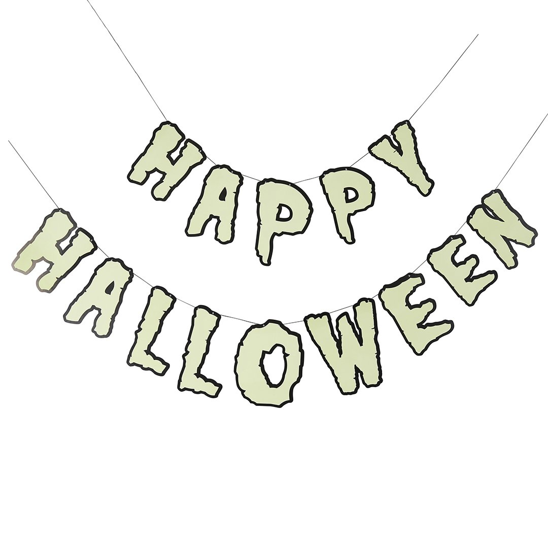 Banner decorativ Happy Halloween fosforescent de 2 metri cu litere verzi și contur negru