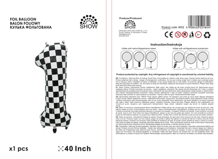 Balon folie cifra 1, carouri alb/negru, 100cm