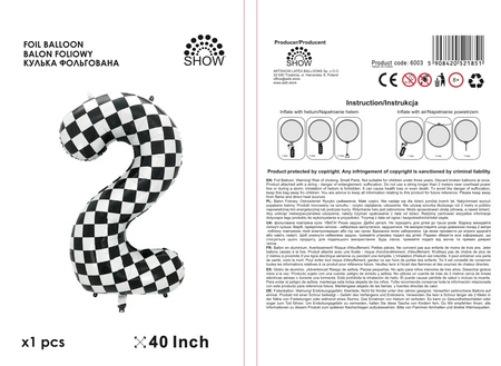 Balon folie cifra 2, carouri alb/negru, 100cm