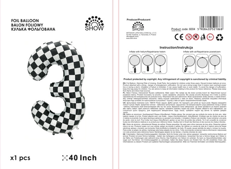 Balon folie cifra 3, carouri alb/negru, 100cm