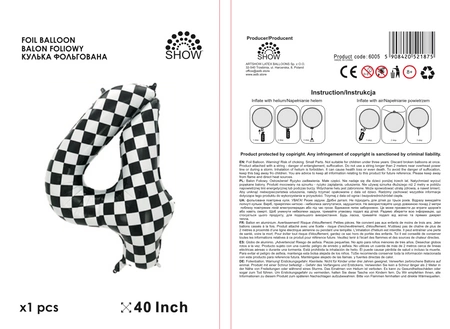 Balon folie cifra 4, carouri alb/negru, 100cm