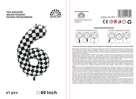 Balon folie cifra 6, carouri alb/negru, 100cm