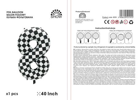 Balon folie cifra 8, carouri alb/negru, 100cm