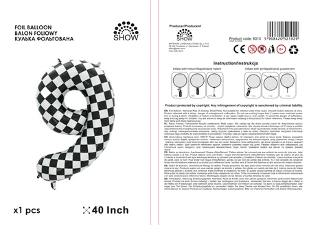 Balon folie cifra 9, carouri alb/negru, 100cm