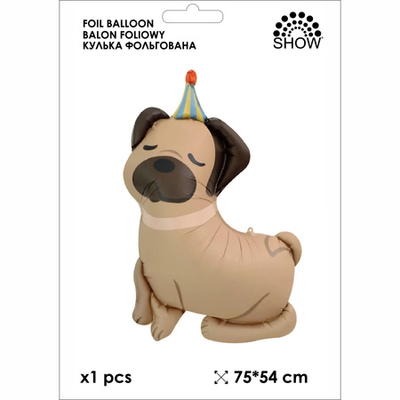 Balon folie pug bej cu pălărie de petrecere – 75x54 cm