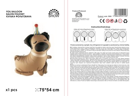 Balon folie pug bej cu pălărie de petrecere – 75x54 cm