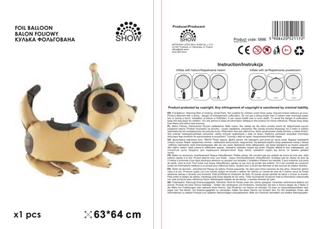 Balon folie câine drăguț bej și maro cu pălărie de petrecere – 63x64 cm
