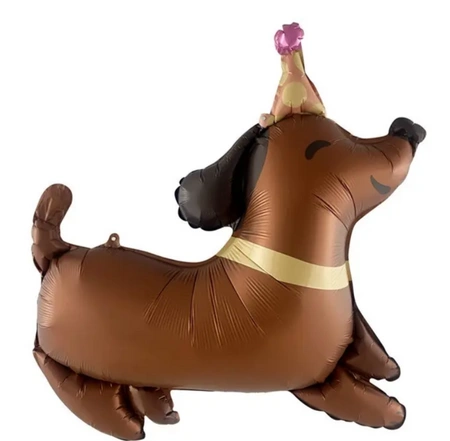 Balon folie câine teckel maro cu pălărie de petrecere – 63x64 cm