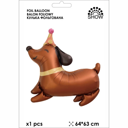 Balon folie câine teckel maro cu pălărie de petrecere – 63x64 cm