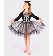 Costum schelet pentru fetiță 4-6 ani cu rochie tutu neagră și argintie cu sclipici și bentiță asortată