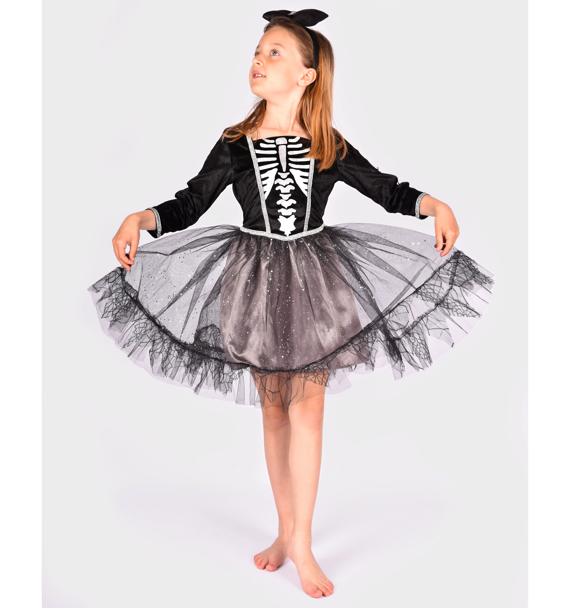Costum schelet pentru fetiță 4-6 ani cu rochie tutu neagră și argintie cu sclipici și bentiță asortată