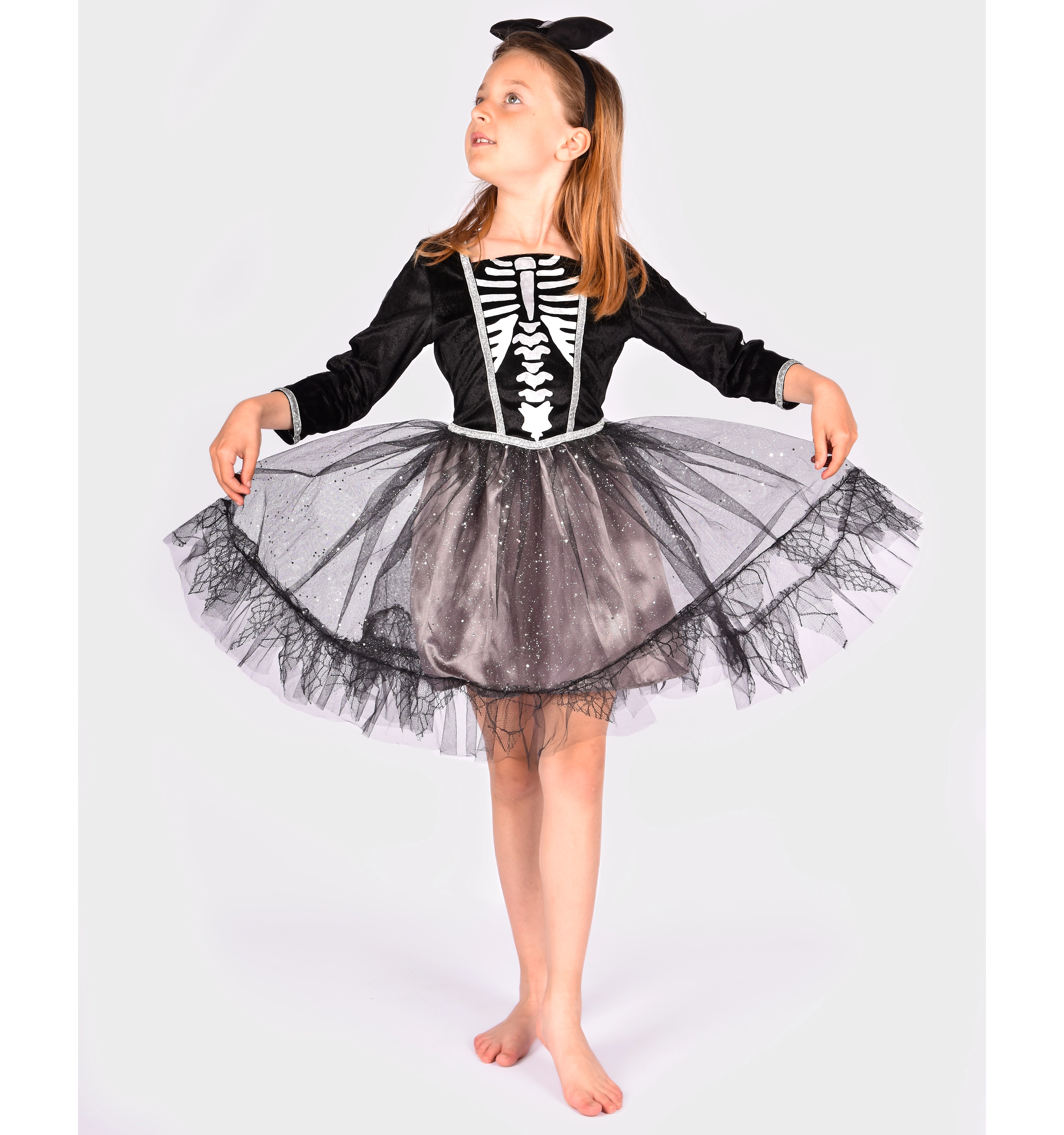 Costum schelet pentru fetiță 4-6 ani cu rochie tutu neagră și argintie cu sclipici și bentiță asortată