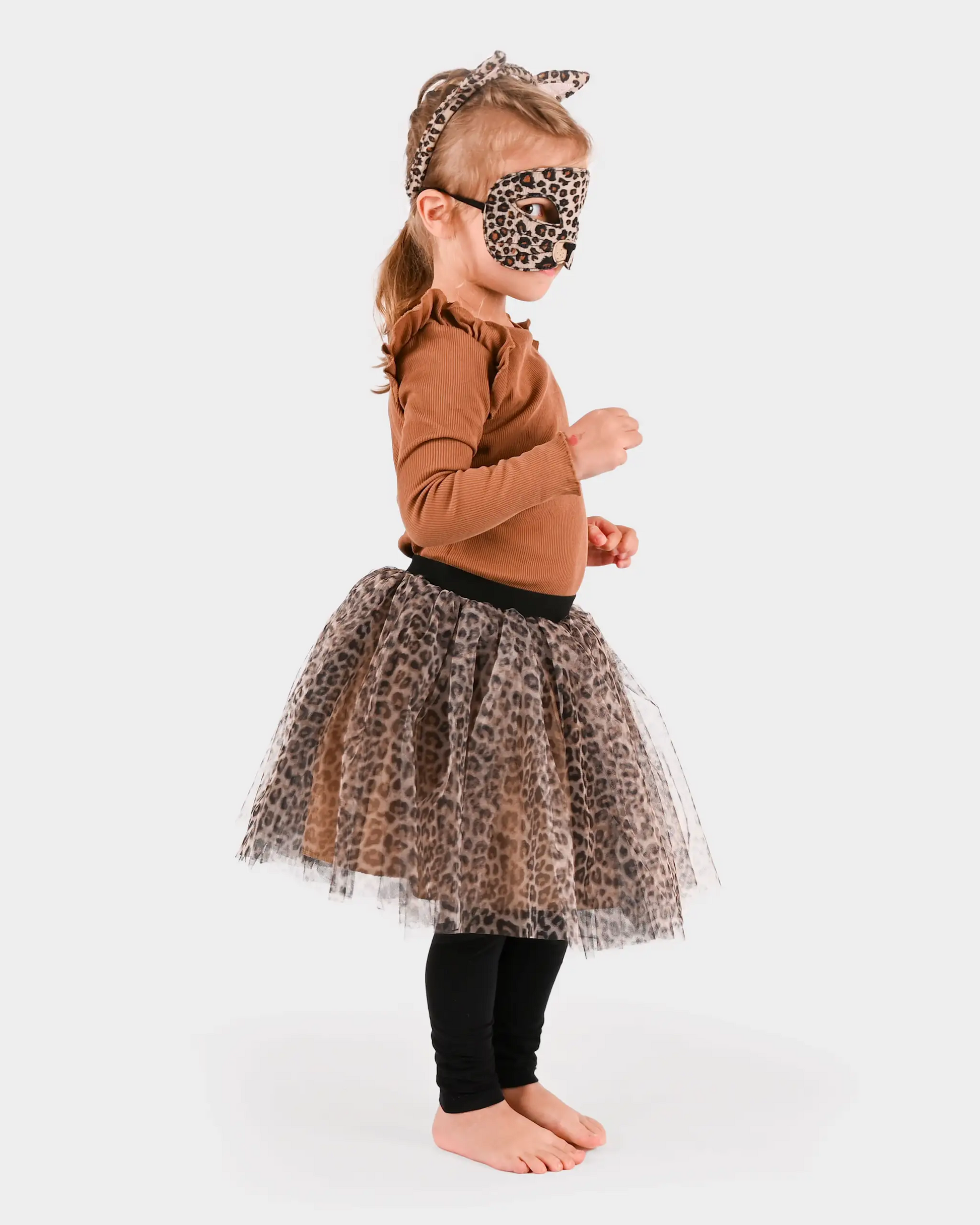 Costum leopard pentru copii 6–8 ani cu fustă tutu, mască și accesorii animal print
