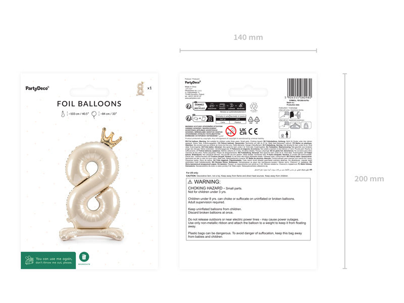 Balon Din Folie Cifra 8, Crem cu Coroana Aurie 84cm