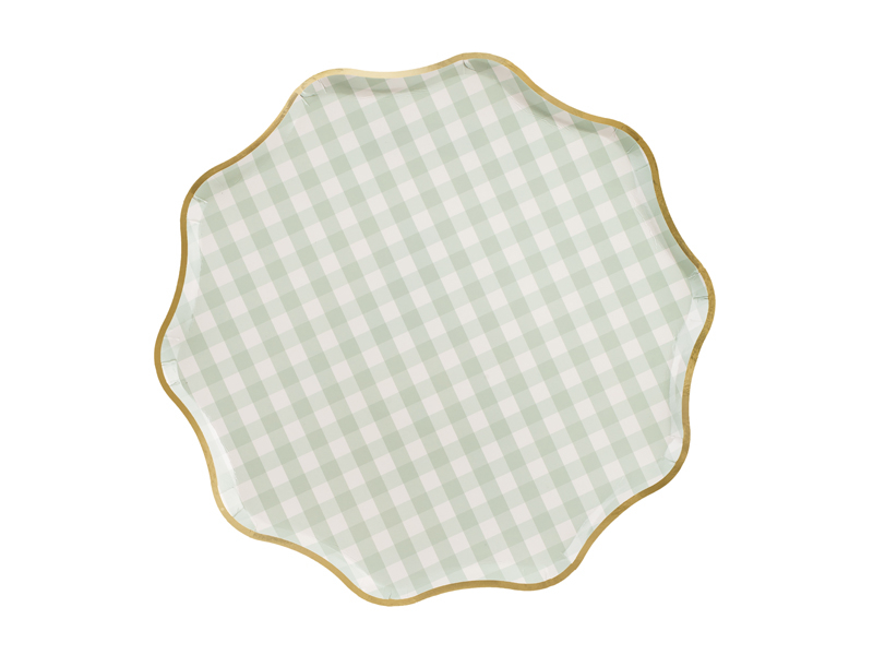 Farfurii din hartie (6 buc) carouri verzi cu margine aurie, 23 cm